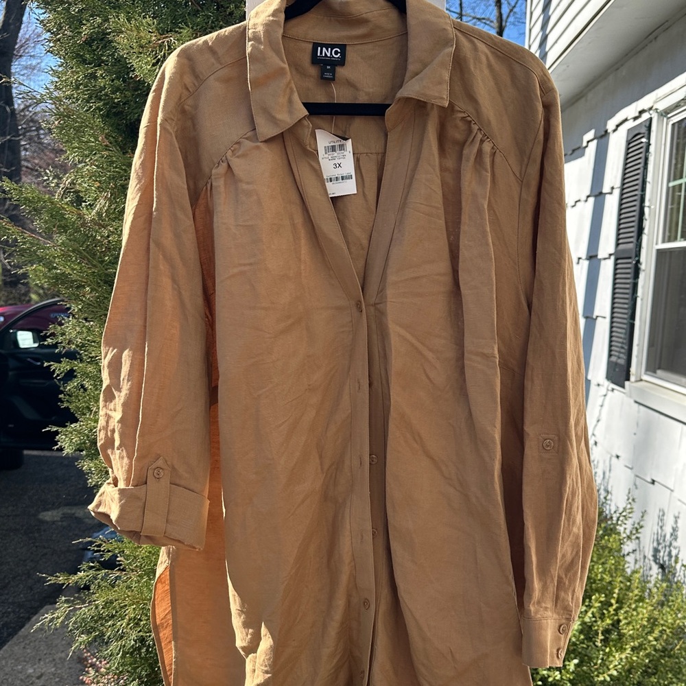 INC International Concepts Button-Front Shirt Dress in Camel Brown
